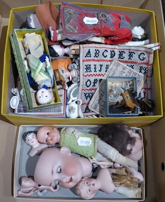 Lot 1019 - A quantity of assorted part bisque dolls, heads, wooden jointed dolls, decorative dolls house china