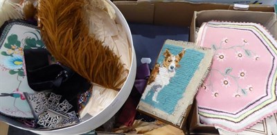 Lot 1024 - Assorted bead remnants, two decorative bead panels, plated belt, two painted fans, feathers etc...