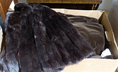 Lot 1034 - Mink stole, brown velvet full length cloak with quilted lining, squirrel capelet (one box)