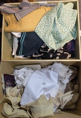 Lot 1042 - A box of white linen including crochet, damask, a box of scarves including Jacqmar, cream wool...