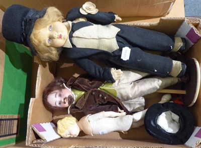 Lot 1054 - Bisque socket head doll modelled as a Victorian gentleman, felt doll with side glancing eyes...