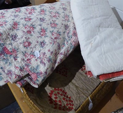 Lot 1061 - Large cotton floral printed quilt (a.f.), printed cotton quilt and a red and white patchwork...