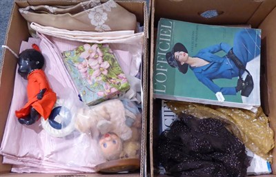 Lot 1067 - Assorted fashion magazines, white linen table cloth, curtains, fabrics, teddy bear, two sequin...