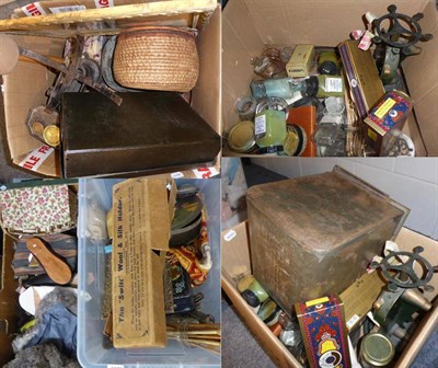 Lot 1070 - Assorted costume accessories, knitting needles, tins, printed paper boxes, threads, eastern...