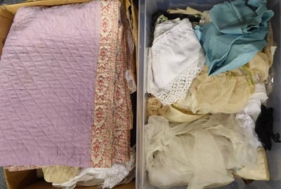 Lot 1071 - Paisley style cotton single quilt, assorted white linen and textiles, costume accessories, lace...