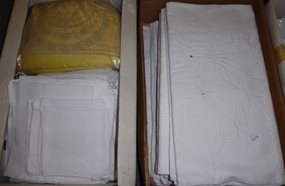 Lot 1074 - Two boxes of assorted white table and bed linen, some with embroidered decoration