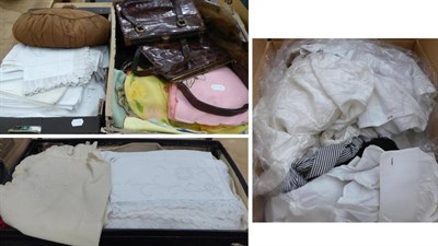 Lot 1084 - A suitcase and three boxes including linen, Victorian costume, handbags etc