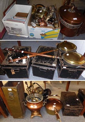 Lot 1100 - A quantity of 19th century copper and brass including coal buckets, bed warming pans etc...