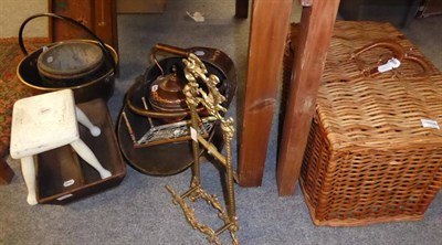 Lot 1104 - Copper coal scuttle, kettle and trivet, brass jam pan, an early 20th century Art Nouveau inlaid...