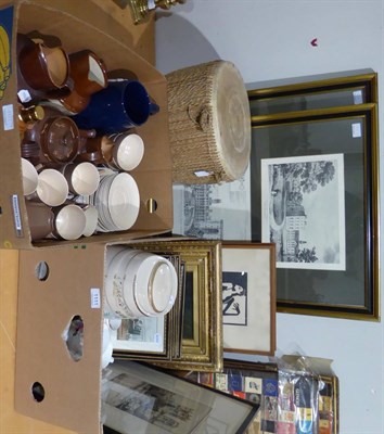 Lot 1111 - Stoneware jugs, ceramic barrel, china Christening mugs, framed prints, pub memorabilia etc