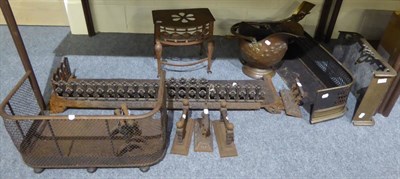 Lot 1115 - Victorian brass helmet coal bucket, Victorian companion set, fire guards, etc