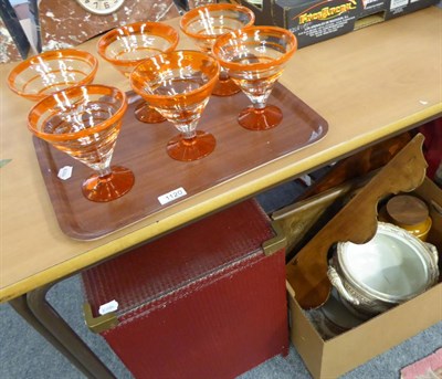 Lot 1120 - MIscellaneous including 1960's sundae glasses, two wood trays, pine display unit, Lloyd Loom...