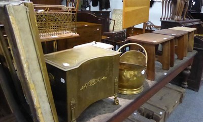 Lot 1144 - Three oak stools, a brass helmet coal scuttle, a bread crock, coal box, magazine stand, warming...