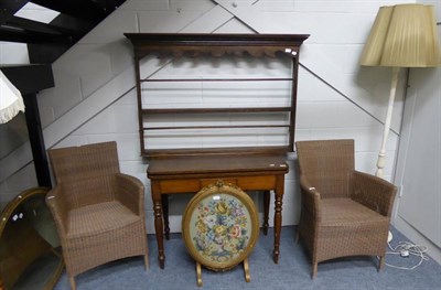 Lot 1168 - A pair of Jati & Kebon weaved chairs, a white painted standard lamp, a Delft rack, an oak tea...