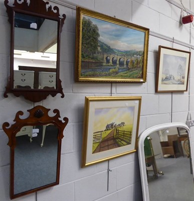 Lot 1171 - Two fret cut wall mirrors, watercolour of Moor Rigg Farm, an oil painting of Wetherby on Bridge and