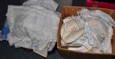 Lot 1193 - Assorted white linen and textiles, some with embroidery and crochet edging etc (suitcase and box)