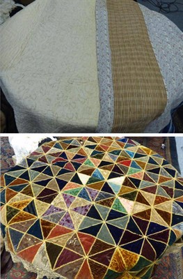 Lot 1194 - Late 19th century velvet crazy patchwork bed cover with crochet trim, cotton printed patchwork...