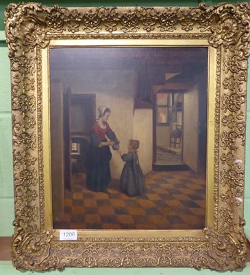 Lot 1206 - William J Muller, Cottage interior after Vermeer, interior with figures, oil on panel, gilt frame