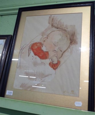 Lot 1220 - Vivien John (1915-1995) Portrait of a sleeping baby, half length, signed, watercolour, 44cm by 34cm