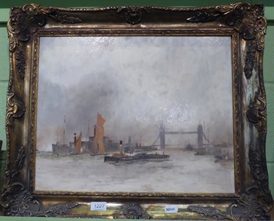 Lot 1227 - 20th century school, Shipping on the Thames, oil on board in gilt frame