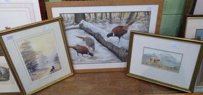 Lot 1235 - Four 20th century watercolours, pheasants in winter time, gun dog, study of a labrador and highland