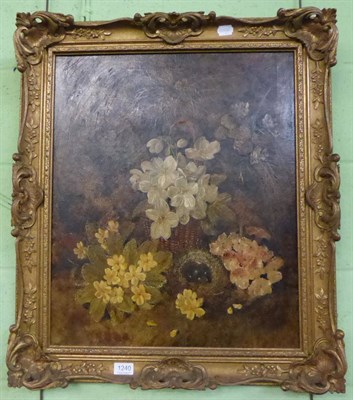 Lot 1240 - 19th century school, still life of flowers next to a birds nest and eggs, oil on canvas in gilt...