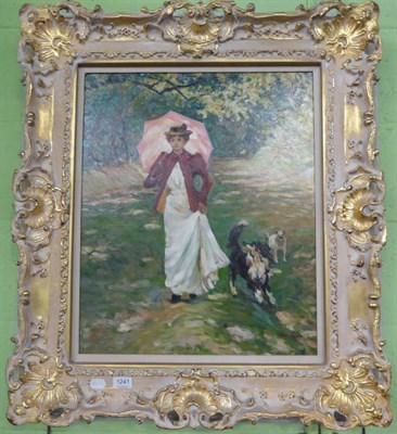 Lot 1241 - Joan Crawley (20th Century) Lady with parasol accompanied by two dogs, oil on canvas, signed...