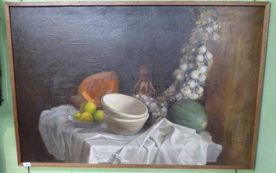 Lot 1242 - Continental School (mid 20th century) A still life of a plate of lemons, bowls, an earthenware jug