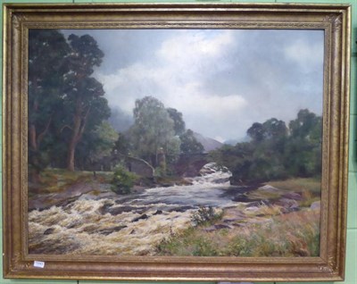 Lot 1243 - Hugh Allan (Ex.1880-1898) River landscape with bridge, signed, oil on canvas, 84.5cm by 110cm