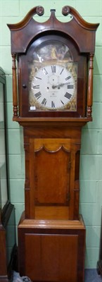 Lot 1260 - An oak and mahogany eight day longcase clock, arched painted dial T Leeming, Settle