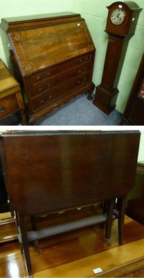 Lot 1349 - An oak small longcase clock, a mahogany bureau and a drop leaf occasional table