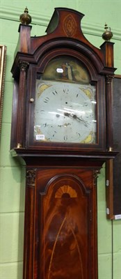 Lot 1368 - A mahogany inlaid eight day longcase clock with painted arch dial, dial and movement later