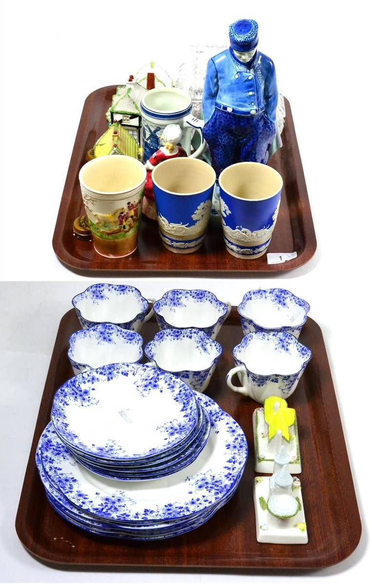 Lot 1 - Two Royal Doulton china figures, Shelley ";Dainty Blue"; pattern china teaset, five modern coalport