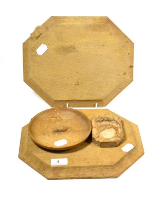Lot 4 - Two Robert ";Mouseman"; Thompson oak bread boards, an ashtray and a nut bowl each with carved mouse