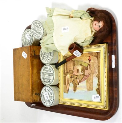 Lot 12 - Assorted collectables including toothpaste jars and lids, bisque head doll, microscope slides, pipe