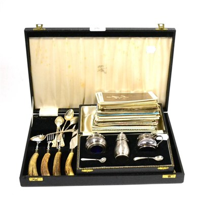 Lot 25 - A set of six silver teaspoons, a cased set of antler handled flatware, a small group of...