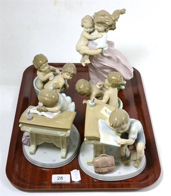 Lot 28 - Five Lladro figures, Babies in a bath tub, 26411 (2) Girl with a baby, 6681, School Girl and...