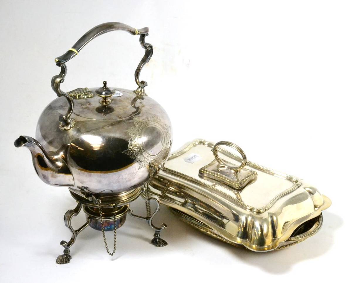 Lot 32 - A 19th Century Sheffield plate spirit kettle with various part entree dishes