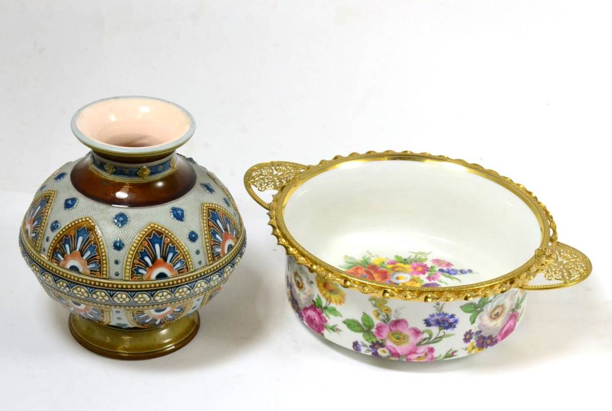 Lot 37 - A Mettlach vase and a floral decorated bowl with gilt mounts