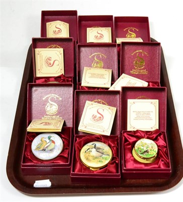 Lot 38 - A collection of Staffordshire enamel boxes (17 on two trays)