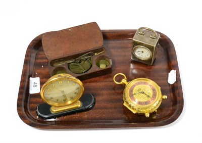 Lot 48 - Silver timepiece, Oris bedroom clock, gilt brass clock and 19th century scales