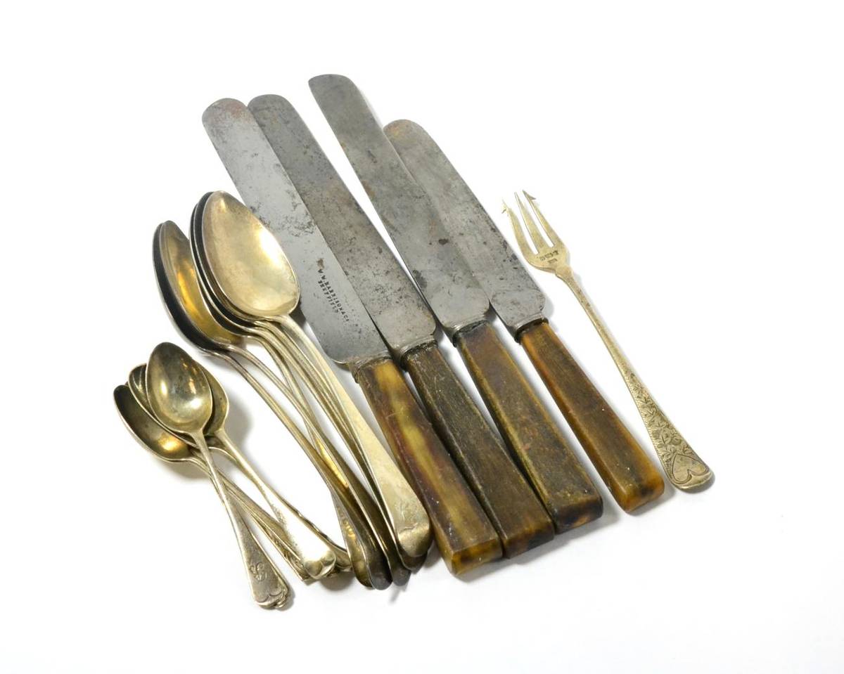 Lot 50 - Six silver George III dessert spoons, six various silver teaspoons, as silver pickle fork, etc