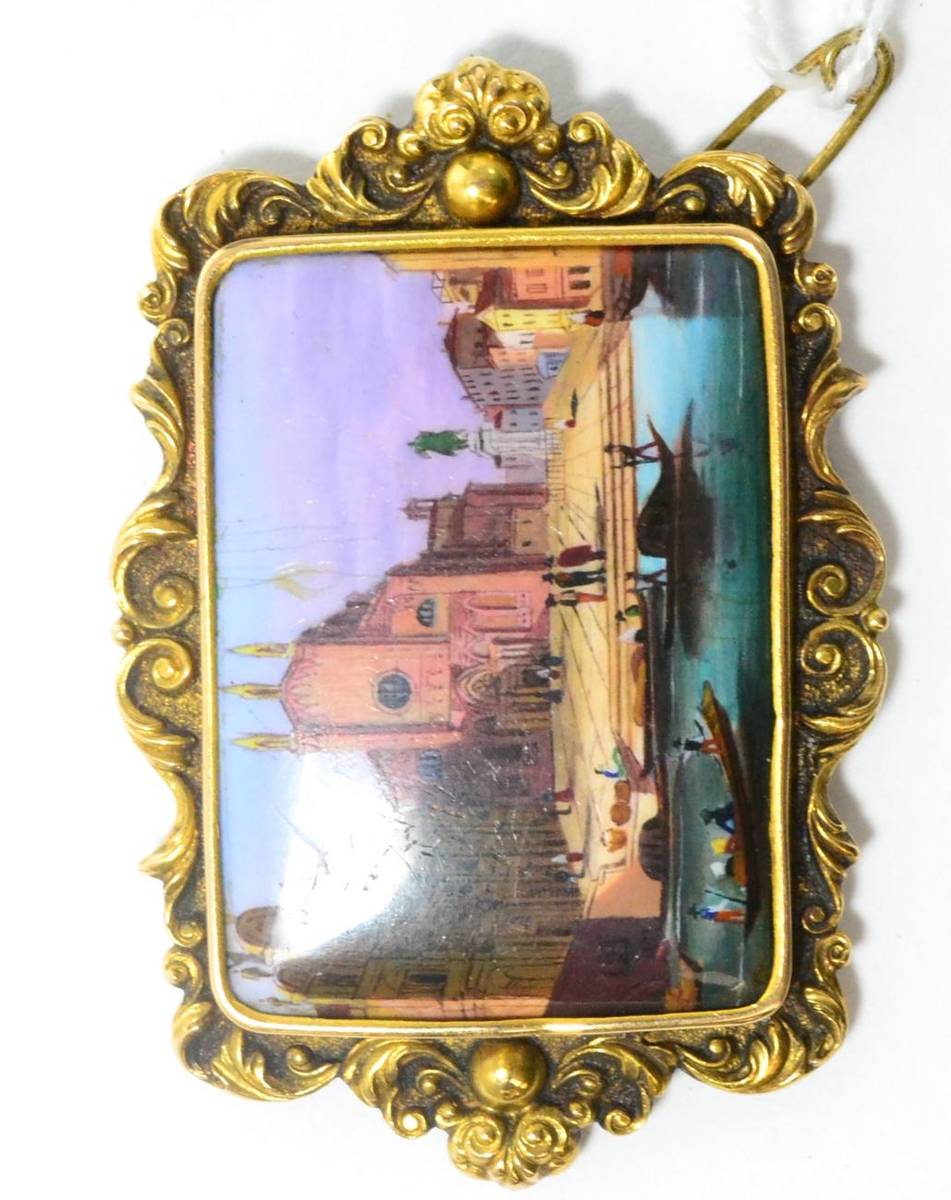 Lot 64 - A Victorian Venetian enamel brooch in pinchbeck frame