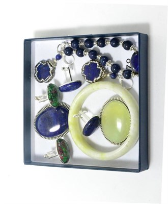 Lot 78 - A group of lapis lazuli jewellery including bead bracelet, cufflinks, earrings and brooch, a...