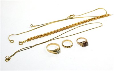 Lot 89 - A 9ct gold rope chain bracelet, two 9ct gold chain necklaces, two 9ct gold rings and a white...