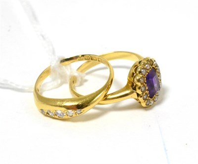 Lot 106 - An 18ct gold five stone diamond ring and an amethyst and seed pearl cluster ring