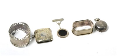 Lot 110 - Silver sovereign case, vesta case, engineer medal and two napkin rings