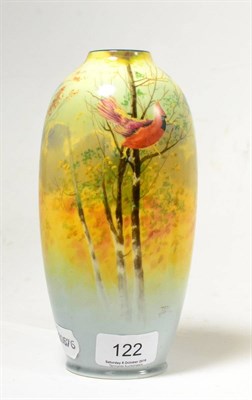 Lot 122 - A Royal Doulton ovoid vase, hand painted with tropical birds by J. Price, 19cm in height