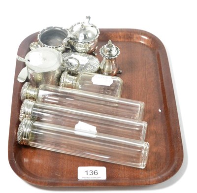 Lot 136 - Silver condiments including drum mustard, glass toilet jars with silver covers etc