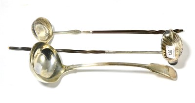 Lot 138 - A French silver toddy ladle together with another similar and a plated sauce ladle (3)